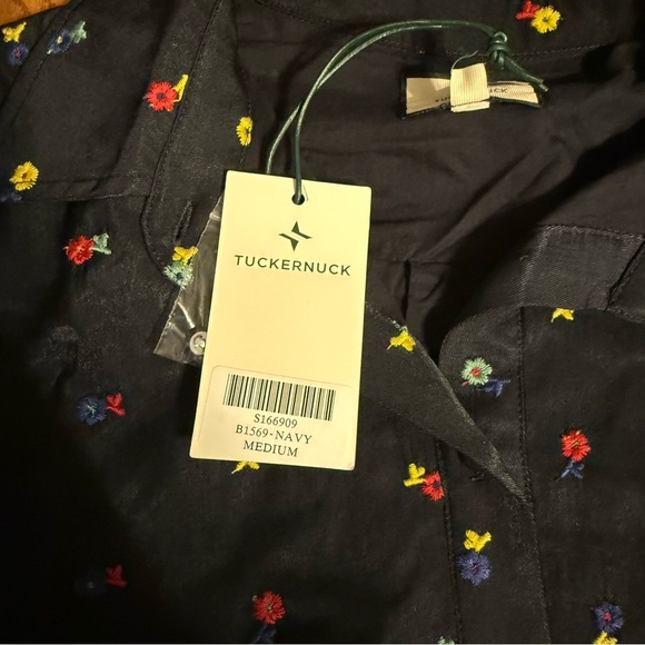 NEW Tuckernuck Floral Embroidered Mini Shirt Dress Navy Sheen Sz M Preppy Chic - Picture 10 of 16
